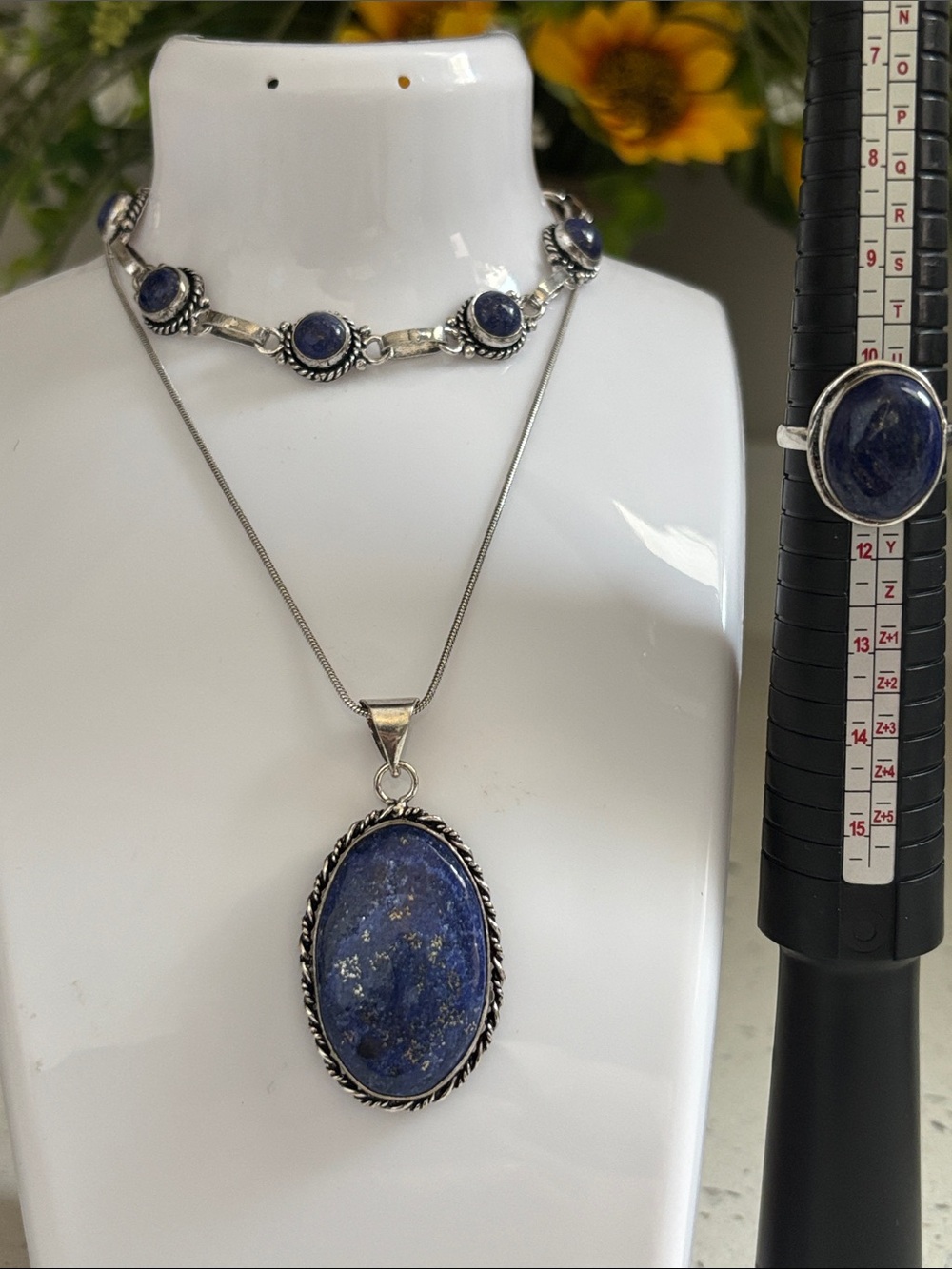 Lapis Lazuli Oval Pendant Necklace, Bracelet & Ring Size 10.75